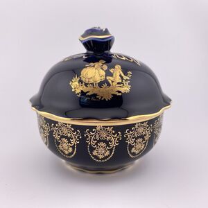 Limoges Castel France Blue Gold Courting Couple Rose 4.25" Trinket Box